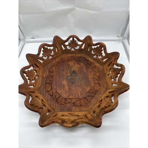 Vintage Octagonal Wood Serving 10.5" Tray Floral Center Hand Carved Artisan Boho - Picture 1 of 16